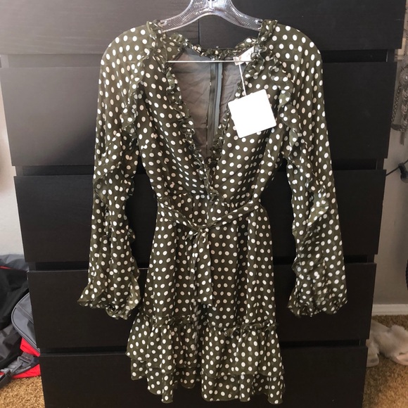 Army green and white polka dot long sleeve dress - Picture 1 of 7